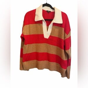 Rails V-Neck Sweater with Red and Tan Stripes